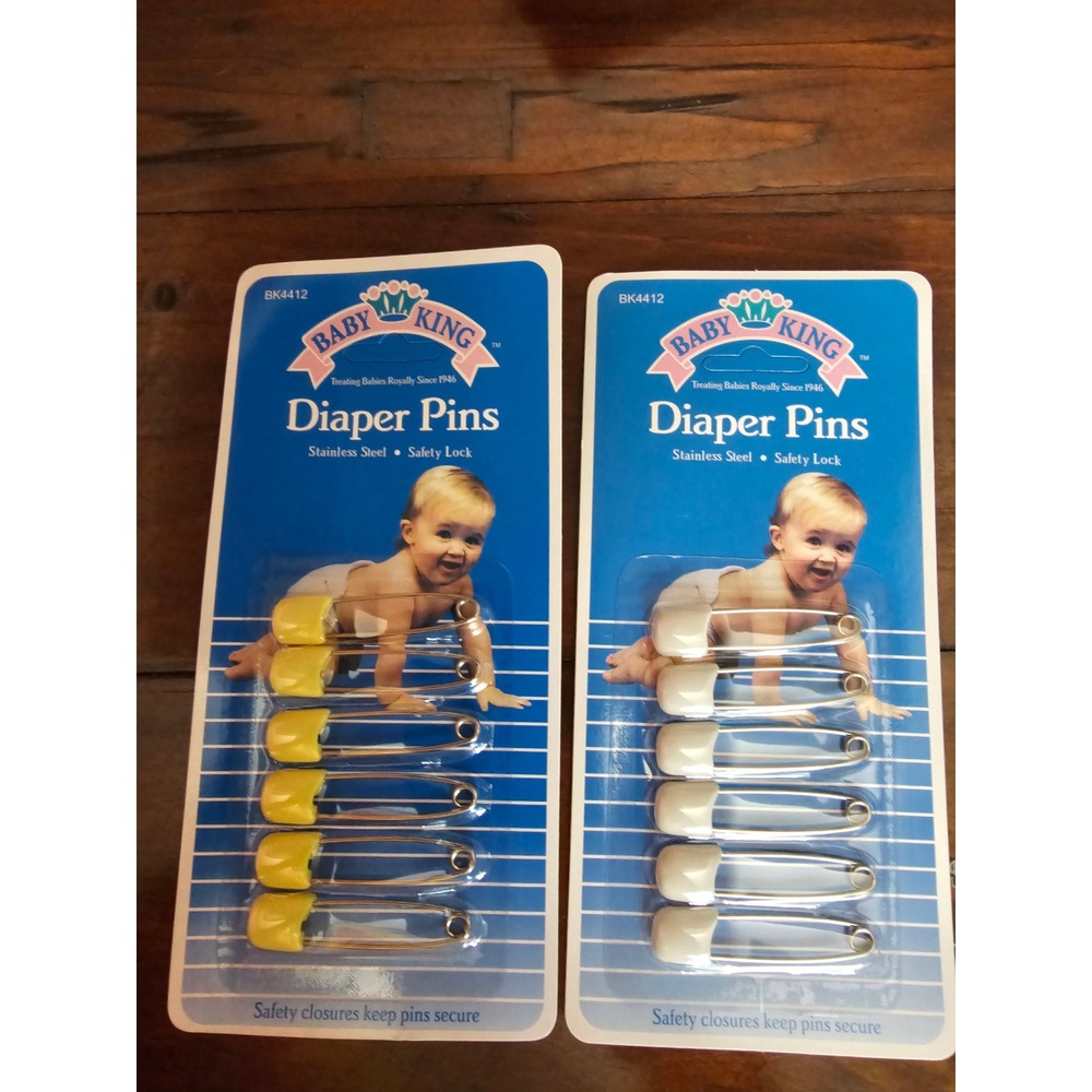 Vintage Baby King Diaper Pins 12ct Stainless Steel Safety Lock Yellow White 1991